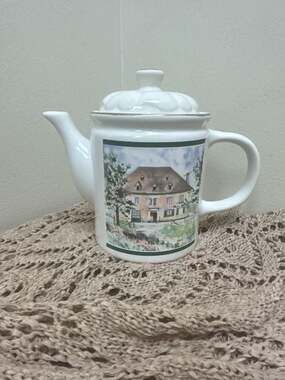 Vintage CBK LTD 1992 Taiwan Teapot Signed Country Painting Coffee Tea Pot